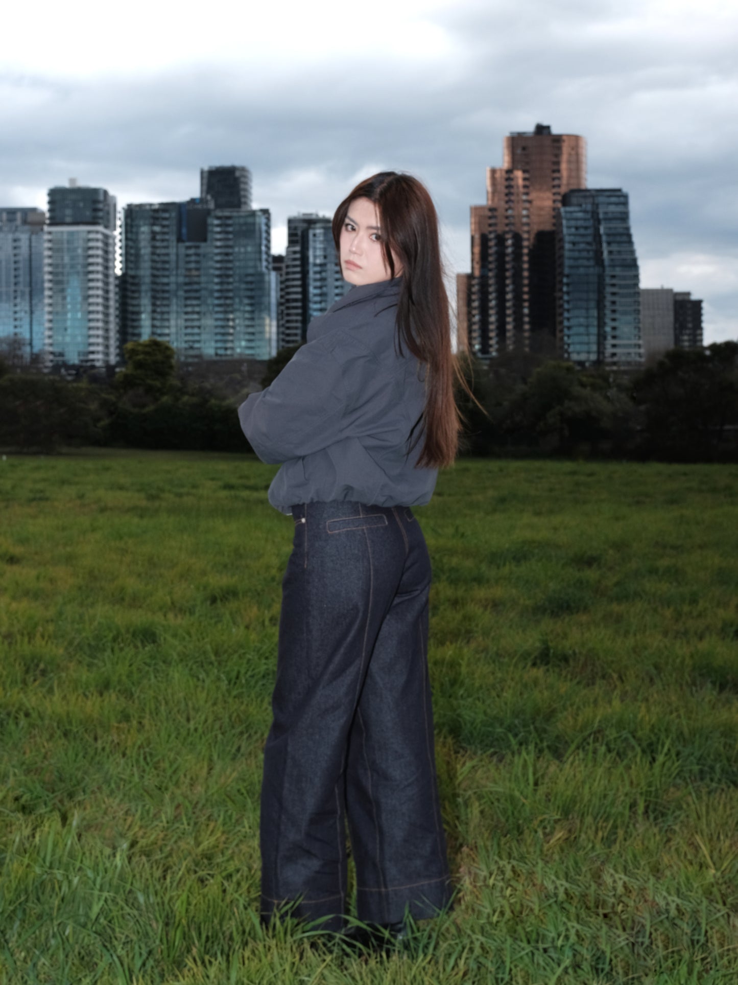 Pleated Raw Denim Jeans